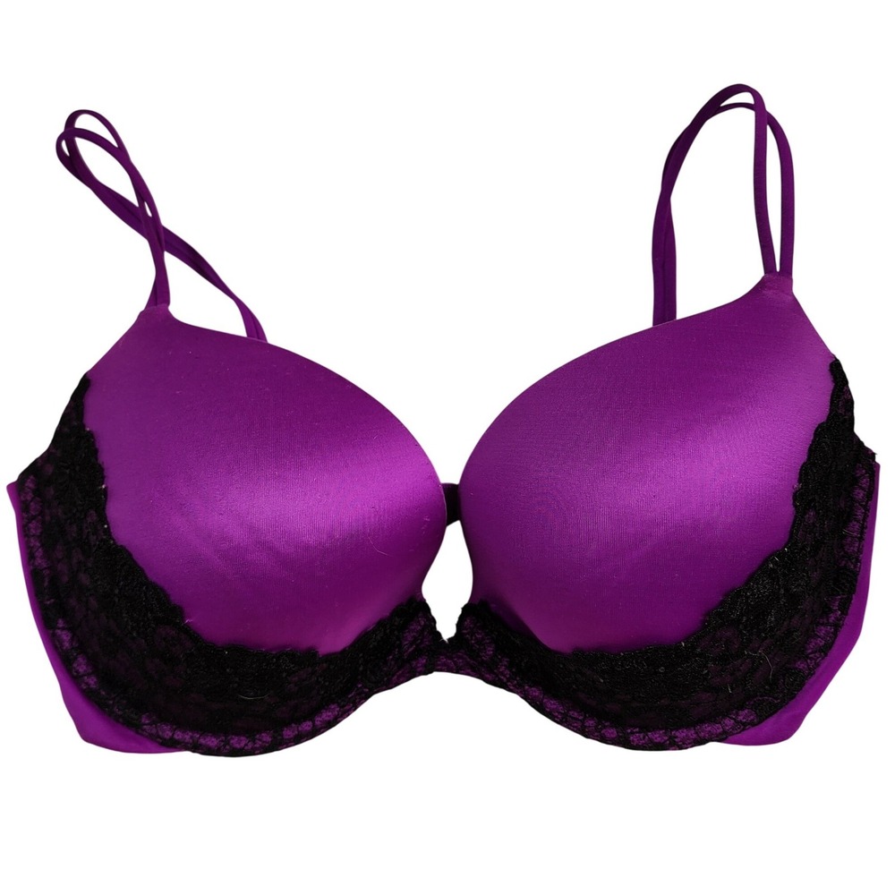 Purple Black Lace Push Up Bra Padded Underwire Adjustable Straps 34DD - Picture 1 of 4